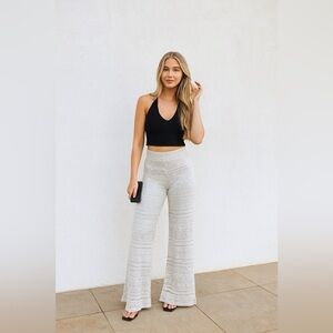 Cream Crochet Linen Blend Wide-Leg Pants Size Medium